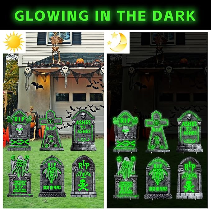 6 Pack Glowing in The Dark Halloween Tombstones Decoration for Graves, 16.5"x10" Large Outdoor Graveyard Decor Waterproof Plastic Grave Markers with 12 Stakes for Yard, Lawn Cemetery Displays