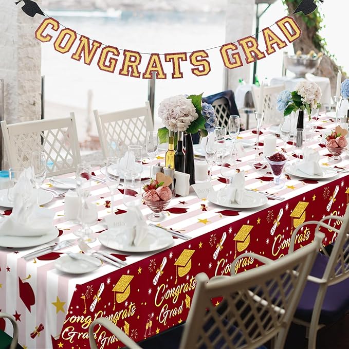 Graduation Tablecloth Party Decorations Class of 2026 3 Pack Maroon and Gold 54"x108" Congrats Grad Disposable Rectangle Table Cover Plastic Burgundy Table Cloth for College High School Party Supplies