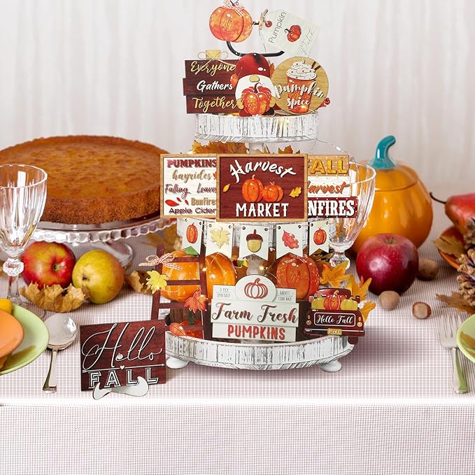 14 Pcs Thanksgiving Tiered Tray Decorations Set Rustic Fall Thanksgiving Pumpkin Tiered Tray Decor Farmhouse Pumpkin Truck Spice Blocks Autumn Winter Wooden Sign for Christmas Halloween