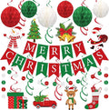 Merry Christmas Party Decorations Pre-strung Red Green Merry Christmas Banner with Honeycomb Balls Santa Claus Snowman Xmas Tree Hanging Swirls Colorful Circle Dots Garland for Holiday Party Decor
