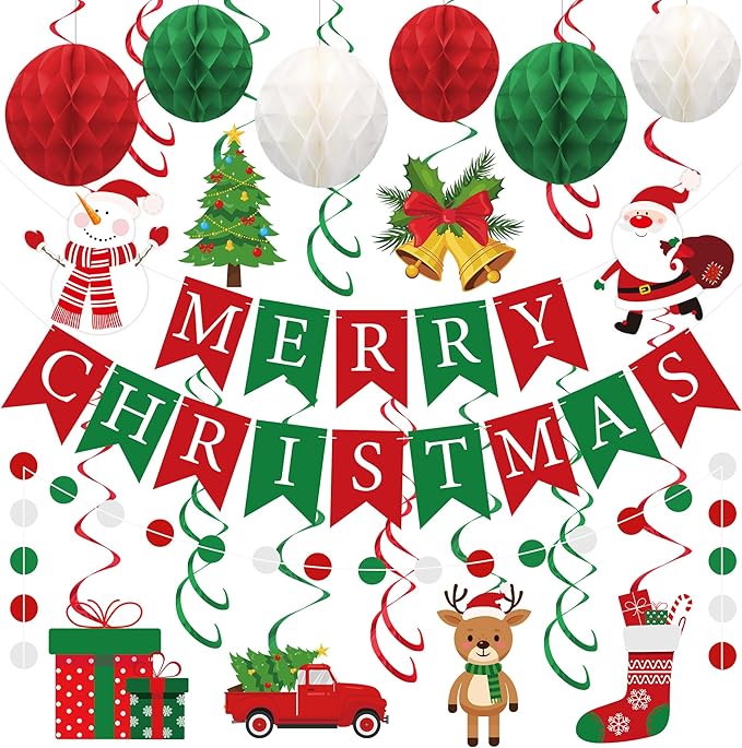 Merry Christmas Party Decorations Pre-strung Red Green Merry Christmas Banner with Honeycomb Balls Santa Claus Snowman Xmas Tree Hanging Swirls Colorful Circle Dots Garland for Holiday Party Decor