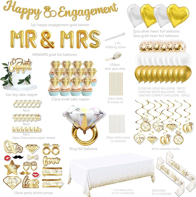 Gold Engagement Party Decorations Kit - Happy Engagement Glitter Banner, MR & MRS Foil Balloons, Giant Diamond Ring Balloon, Tablecloth, Photo Booth Props and Future Mr Mrs Sashes Decor Set