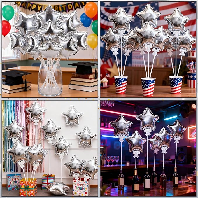 30 Pcs Star Self Inflatable Balloons with Bow Stems Star Foil Balloons Mini Pentagram Decoration for Patriotic Independence Day Graduation Birthday Baby Shower Anniversary(Silver,4 Inches)