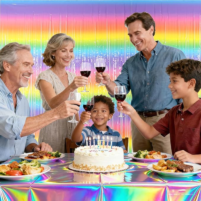 5 Pcs Rainbow Foil Fringe Curtains Backdrop (3.28 x 6.56 ft) with Tablecloth - Streamers Party Decorations for Birthday, Wedding, Baby Shower, Bachelorette, Christmas & Holiday Celebrations