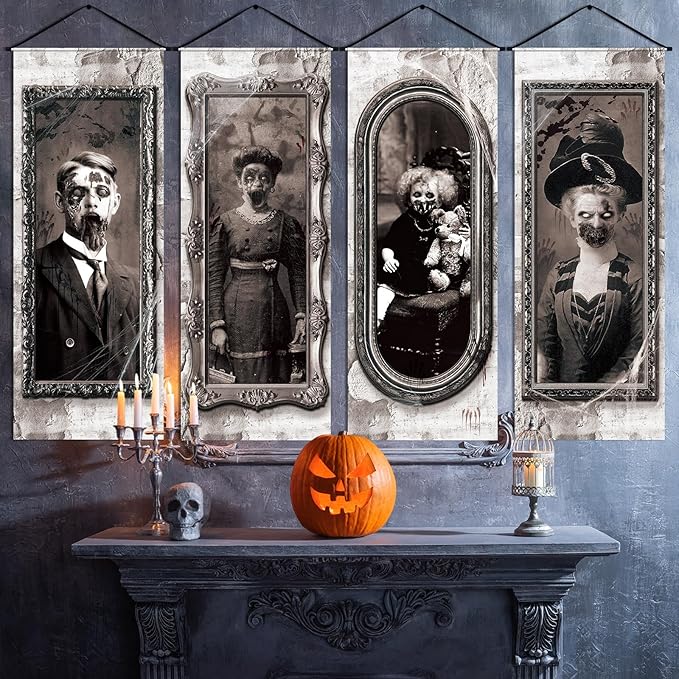 Panelee 4 Pcs Halloween Gothic Banner 3D Changing Face Moving Portrait Banner Decorations Halloween Horror Scary Porch Sign Backdrop for Indoor Outdoor Haunted Wall Hanging Decor