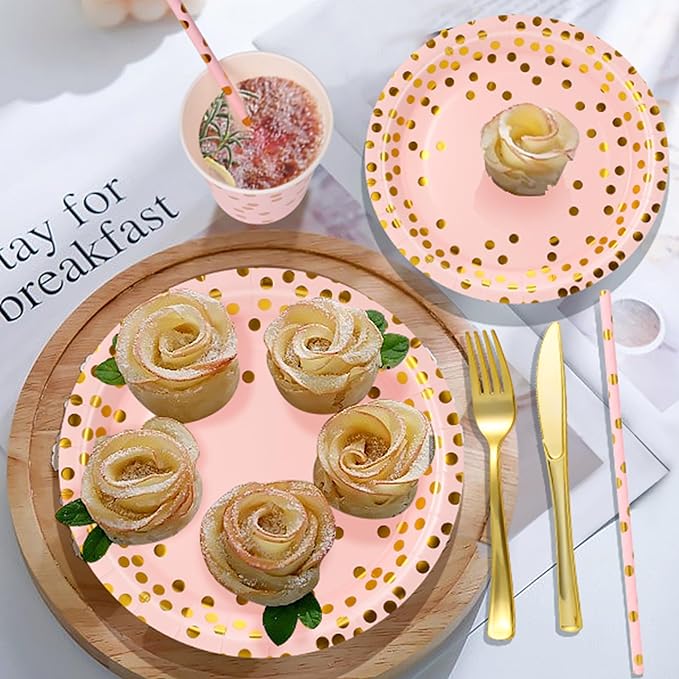 Sylken 186 Pieces pink and Gold Party Tableware Set - 25 Guests Paper Plates, Napkins, Paper Cups, and Tableware for Wedding Shower, graduations, cocktail parties , Birthday etc.
