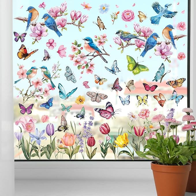 115 PCS Spring Decorations, 4 Sheets Waterproof Spring Window Clings, Double-Sided Easter Window Decorations with Flowers Butterflies Birds Designs, Colorful Easter Party Decor for Home Store
