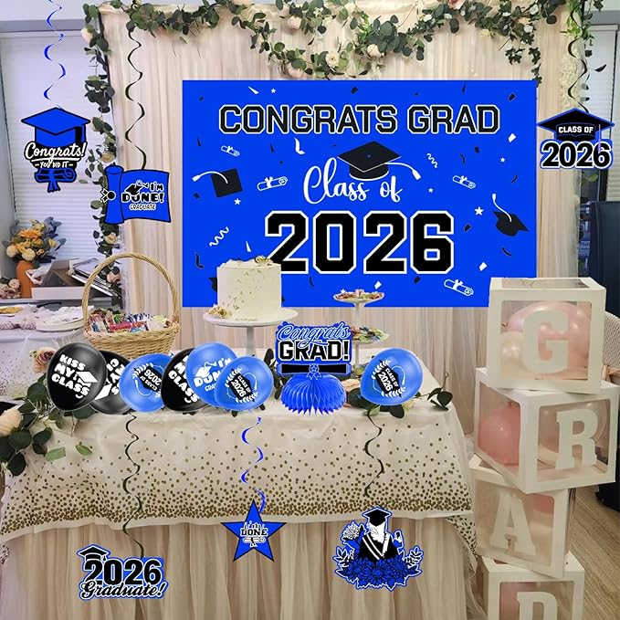 Graduation Decorations 2026 Blue Themed Set - Congrats Grad Banner, Class of 2026 Backdrop, Balloons & Streamers Kit - Complete Party Supplies for High School & College Celebrations