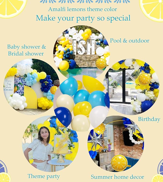 Lemon Royal Blue Yellow Balloon Garland Arch Kit with Lemon Foil Balloons for amalfi last toast on the coast Bachelorette Bridal Shower Decorations Main Squeeze Party Supplies