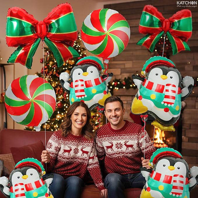 KatchOn, Merry Christmas Balloons Set – Pack of 8 | Peppermint Candy, Penguin & Bow Balloons for Outdoor Christmas Decorations Indoor | Penguin Xmas Decorations | Foil Balloon for Holiday Party Decor