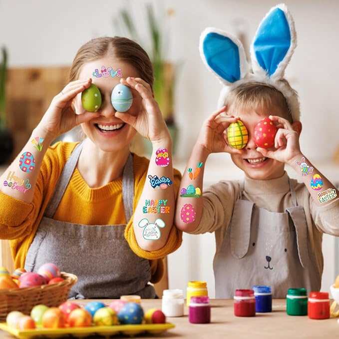Easter Temporary Tattoos - Easter Party Decorations Stickers Easter Party Favors Accessories Supplies Eggs Hunt Bunny Basket Rabbit Suitable For Kids Teens Youth Adult Gift Idea 4 Sheets - 50Pcs