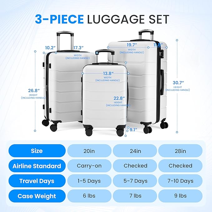 Simple Deluxe 20/24/28 Inch Expandable Hardside Carry On with Spinner Wheels & TSA Lock, ABS Hard Shell Lightweight Rolling Luggage Suitcase, White