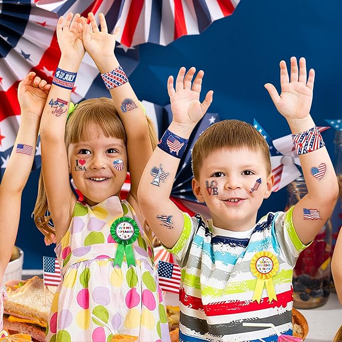 72 PCS Fourth of July Party Favors - 48 Temporary Pre-Cut Tattoos & 24 Slap Bracelets - Party Favors for Boys & Girls, Birthday Goodie Bag Fillers, Baby Shower Gifts, Classroom Rewards