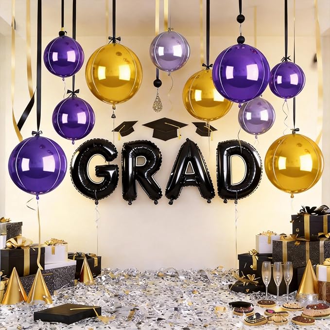 12Pcs Purple and Gold Round Balloons Foil, 22" 18" 15" 10" 4D Round Shaped Ball Balloon, Large Gold Dark Light Purple Metallic Balloons for Graduation Wedding Prom Birthday Party Decorations Backdrop