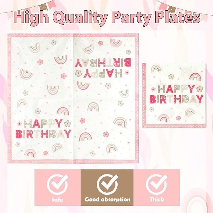 Pink Boho Rainbow Happy Birthday Bohemian Flower Heart Party Plates Supplies - Serves 24-96Pcs Party Tableware Decorations Disposable Paper Plates Napkins Forks for Birthday Baby Shower