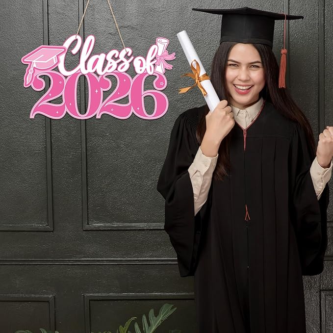 2026 Graduation Signs Decorations, 7 Pcs Class for 2026 Wooden Sign Graduation Party Photo Booth Prop, Wood Cutout High School College Graduation Ceremony Decor Supplies (Pink & White)