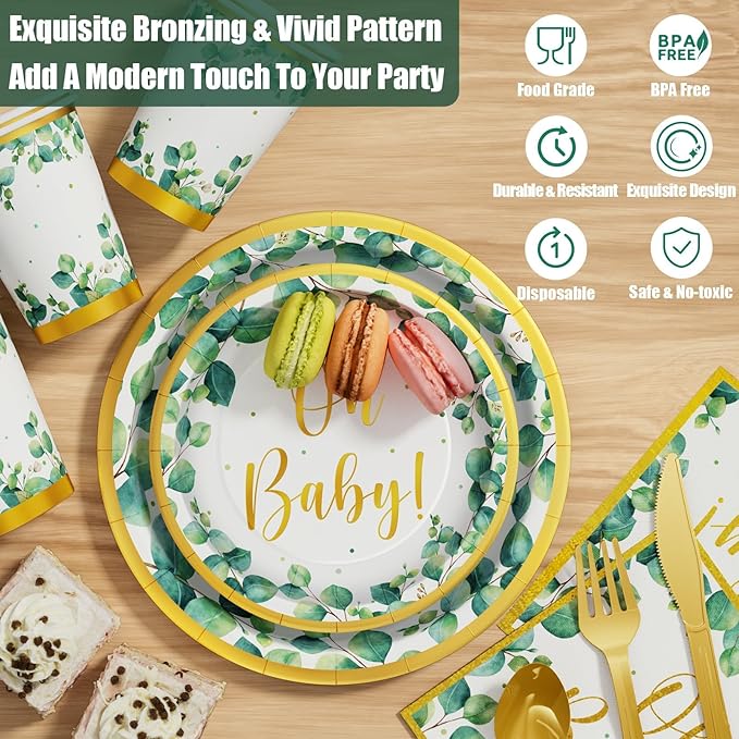 Ecomore Girl Boy Sage Green Baby Shower Decorations 247 PCS (25 Guest) Boho Greency Party Supplies with Paper Plate Napkin Cup Cutlery & Tablecloth Oh Baby Backdrop Balloon Kit for Gender Reveal Decor