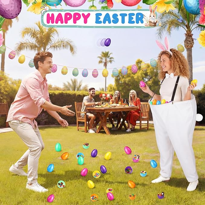 Vinsot 16 Pcs Easter Granny Pants Yard Game Set Oversized Granny Pants with Colorful Easter Eggs, Bowtie, Bunny Ears and Tail, Outdoor Tossing Game Bunny Suit for Spring