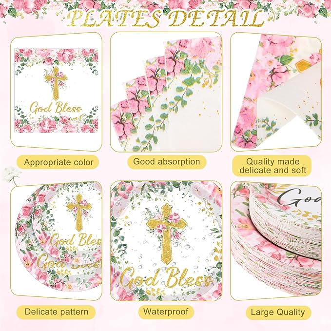 LemonRoad 452 Pcs God Bless Baptism Party Decoration for 50, Floral First Holy Communion Baptism Paper Plate Napkin Cup Tablecloth Cutlery Straw for Christening Baby Shower Party Supplies