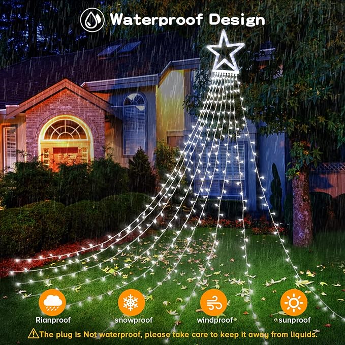BlcTec Outdoor Christmas Lights 317 LED Christmas Star Lights with 9 Strands 11.9ft Waterfall Tree Lights, 8 Modes, Waterproof & Timer for Garden Yard Patio Outdoor Xmas Decorations, Cool White