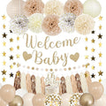 Amandir Baby Shower Decorations Neutral Beige Balloons Welcome Baby Banner, Cake Topper, Paper Lanterns, Pom Poms Flowers Tassels, Circle Dots Star Garland, Gender Reveal Boho Birthday Party Supplies