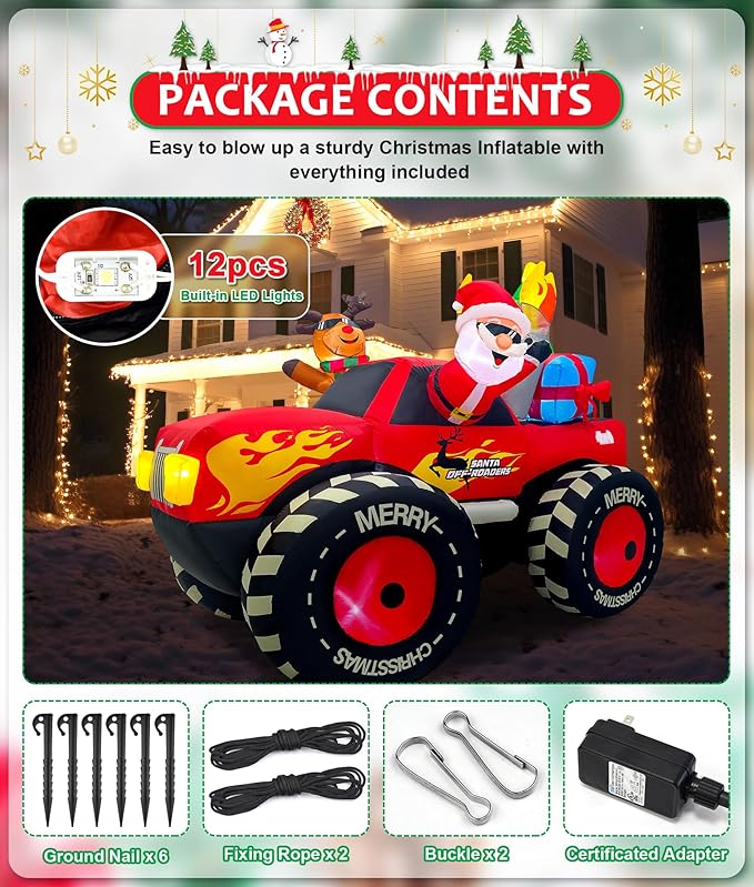 EAONE 7FT Christmas Inflatable Outdoor Decoration, Inflatable Santa Claus & Reindeer on Monster Truck, Blow Up Yard Decorations LED Lighted for Yard, Garden, Lawn, Home Xmas Holiday Decor