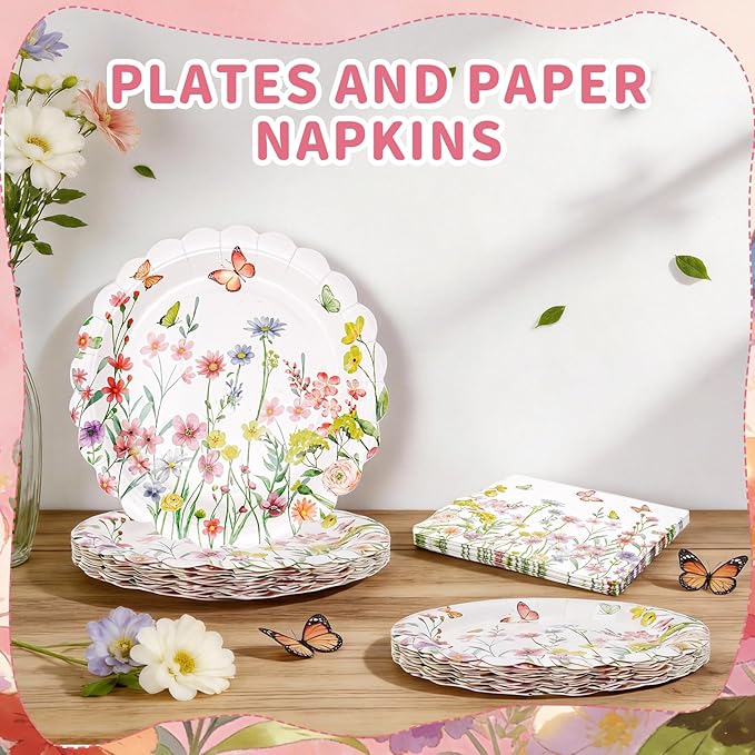 Wildflower Party Plates and Napkins Set - 40 Pcs Spring Disposable Tableware for 20 Guests, 9 Inch Floral Paper Plates & Butterfly Napkins for Baby Shower, Garden Party & Birthday Decorations
