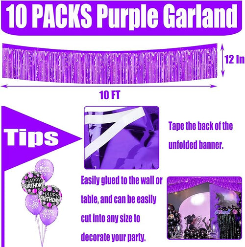 10 Pack 10 Feet Purple Foil Fringe Garland Metallic Tinsel Streamers Banner Wall Hanging Curtain Backdrop for Parade Floats, Bachelorette, Wedding, Birthday, Halloween, Christmas Party Decorations