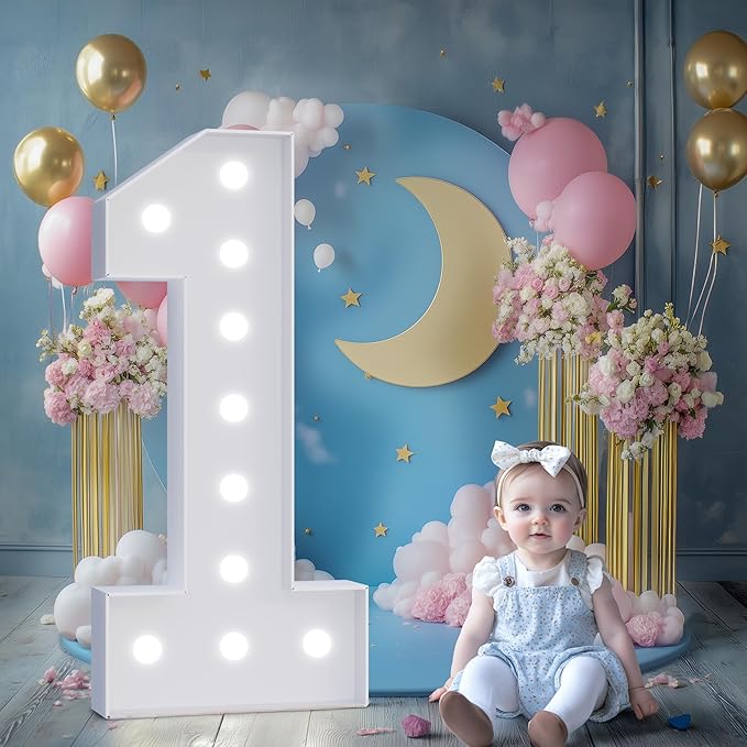 4FT Marquee Numbers 1, Large Light up Numbers 1 for 1st Birthday Decorations, Number 1 Light up Number for Boy Girl Sweet One Year Old Party Decor, Big Number 1 Signs for 1 Anniversary Decor Balloon