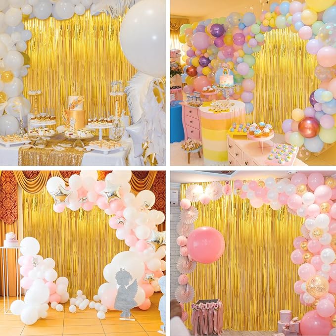 Crosize 4 Pack 3.3 x 9.9 ft Gold Foil Fringe Curtains Party Decorations, Gold Tinsel Curtain Backdrop for Parties, Door Streamers, Glitter Streamer Fringe Backdrop for Birthday Decoration