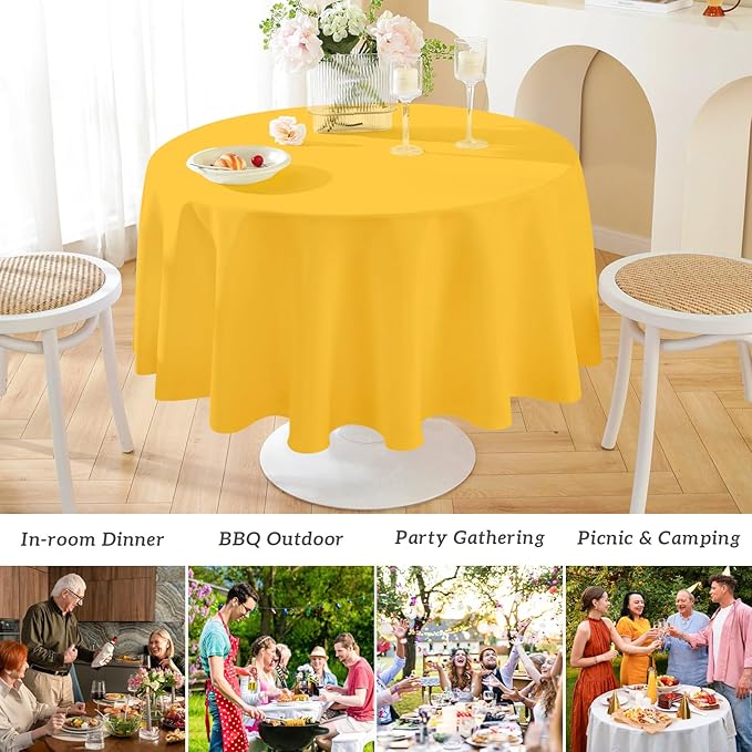 Mulbozy 2 Pcs Yellow Round Tablecloth, 84 inches Disposable Plastic Yellow Circle Table Covers for Baby Shower Wedding Bridal Shower Birthday Party Decorations