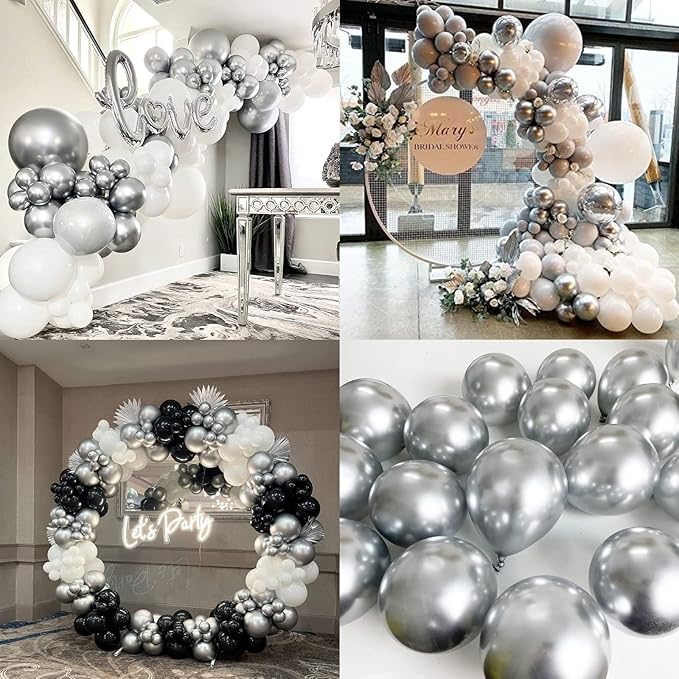 Metallic Silver Balloons Latex Balloon Kit - 78pcs (5/10/12/18inch) Chrome Silver Balloons for Birthday, Wedding, Bridal Shower, Anniversary - Unisex Children & Adults