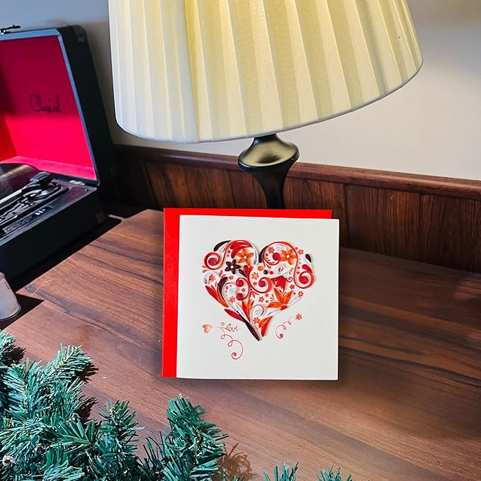 Quilling Cards, handmade card, quilled cards with Handmade Art for all occasions: quilling birthday card for women, Birthday card, mother... colorful heart design (Red heart)