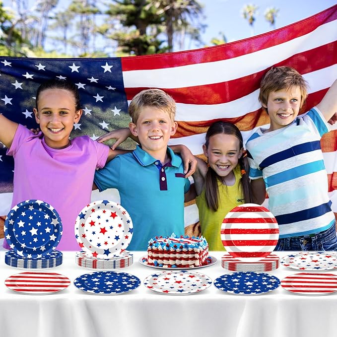 60pcs 4th of July Party Supplies Set American Flag Patriotic Party Paper Plates Disposable Red White Blue Star Dinnerware for Veterans Election Day 4th of July Independence Day Decorations Serve 60