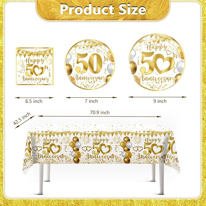 cocomigo 162pc 50th Anniversary Decorations - Tableware Set with Plates, Napkins, Banner, Tablecloth, Balloons - Serves 25