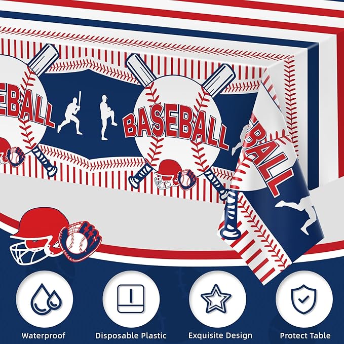 3pcs Baseball Tablecloth - Table Cover & Party Decorations - Disposable Plastic Tablecloth - Rectangle for Baseball Games & Sports Birthday Decorations