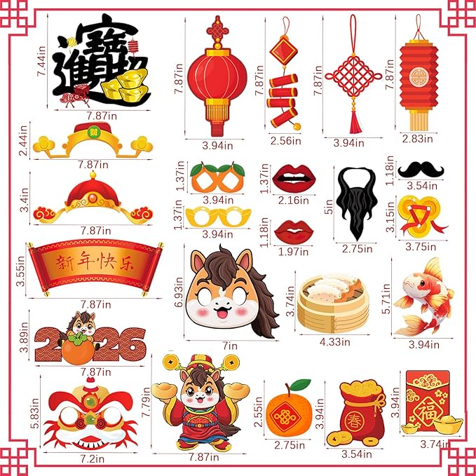 24PCS Chinese New Year Photo Booth Props,Chinese New Year Decoration 2026,Lunar New Year Decorations,Horse Year Paper Photo Props for Spring Festival Lunar New Year Present Game Party Supplies