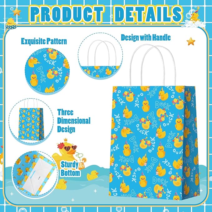 24pcs Yellow Duck Paper Bags with Handles Rubber Duckies Treat Gift Bags Candy Goodie Party Favor Tote Boxes for Baby Shower Birthday Duck Blue Party Supplies