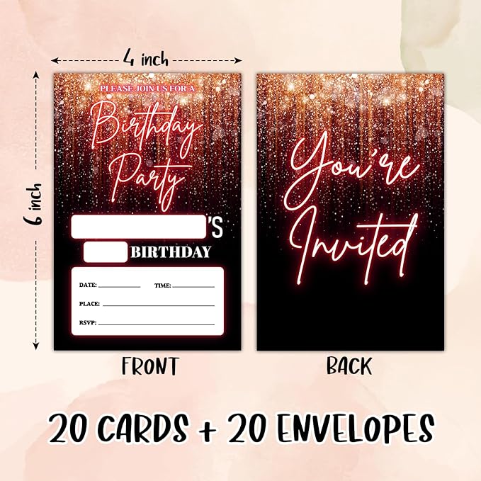 Pink and Glitter Birthday Party Invitation Cards for Boys Girls, Birthday Celebration Party Invite Cards Supplies, 20 Double-Sided Fill In Invites With Envelopes -17