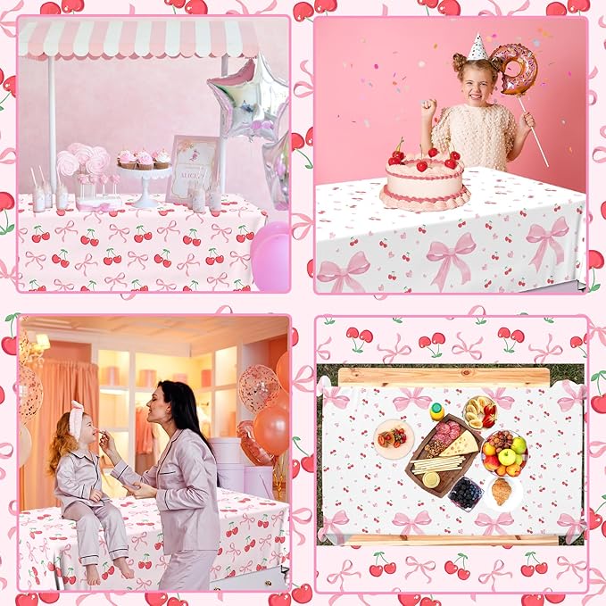 Bow Table Cloth,2 PCS Cherry Tableclothes,Pink Bow Waterproof Disposable Plastic Tablecovers for Birthday Bridal/Baby Shower Cherry-Themed Party Decor