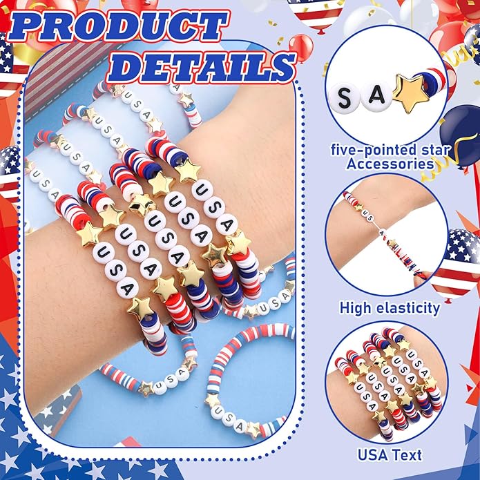 USA Bracelets Bulk 4th of July Accessories Red White and Blue Polymer Clay Beaded Stretch Bracelets for Women USA Jewelry Independence Day 4th of July Patriotic Party Favors Gifts