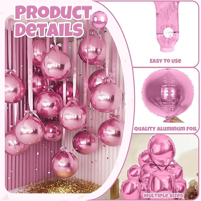 Biapian 12Pcs Light Pink Round Balloons Foil, 22" 18" 15" 10" 4D Sphere Shaped Ball Balloon, Large Metallic Pink Balloons for Wedding Prom Bridal Baby Shower Birthday Party Decorations Backdrop