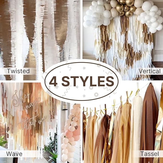 PartyWoo Brown Crepe Paper Streamers 4pcs 328ft Pack of Boho Neutral Sand White Crepe Paper Streamers for Birthday Baby Shower Wedding Graduation Anniversary Woodland Jungle Theme Party Decorations