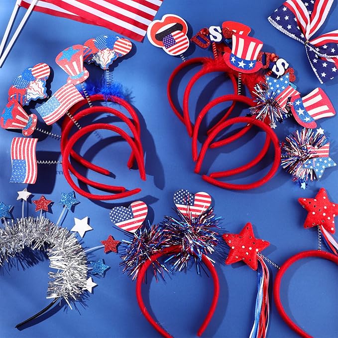 Retrowavy 24 Pcs Patriotic Head Boppers Headband 4th of July American Flag Headband Independence Day Accessories Red White Blue America Headband Bulk for Adults Veteran Day Party Favor Supplies Decor