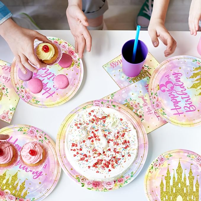 96 Pcs Princess 3rd Birthday Party Supplies Her Royal Threeness Party Plates and Napkins Watercolor Pastel Rainbow Castle Party Decorations for Girls Princess Three Years old Birthday Party Serves 24