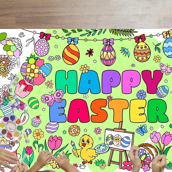 Easter Giant Coloring Poster/Tablecloth, Crafts for Kids, 30 x 72 Inches Jumbo Coloring Banner, Versatile Paper Table Cover for Easter Party Favors, Wall Decoration
