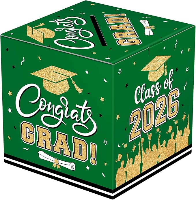 Graduation Card Box 2026 - Congrats Grad Card Boxes Holder, Green and Gold Class of 2026 Graduation Gift Cards Box for Graduation Party Decorations 2026 Favors Decor Supplies Props,9x 9 x 9 inches
