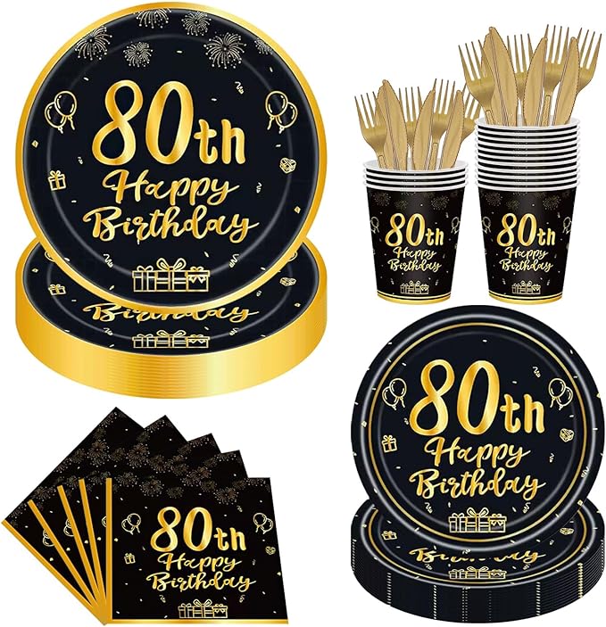 144PCS 80th Birthday Plates and Napkins Birthday Party Supplies 80th Birthday Party Decorations for Men Women Disposable Party Tableware Including Paper Plates Napkins Cups Forks Serve 24