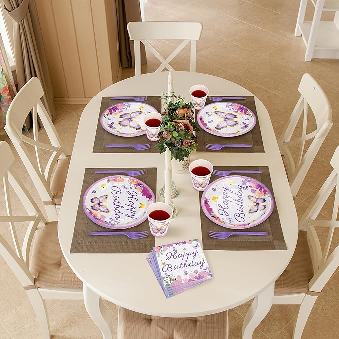 Kochorie 144 Pieces Butterfly Birthday Party Supplies Including Disposable Paper Plates Napkins Cups Forks Serves 24 for Baby Shower Girls Animal Butterfly-themed Party Decorations