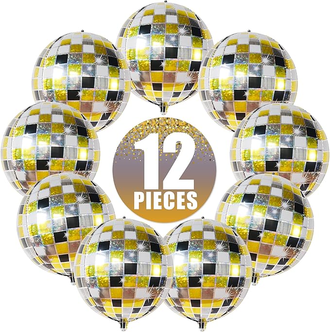 KatchOn, Shiny Disco Ball Balloons - Big 22 Inch, Pack of 12 | Foil Black and Silver Disco Balloons for Disco Ball Decor | Black and Gold Graduation Decorations 2025 | Bachelorette Party Decorations
